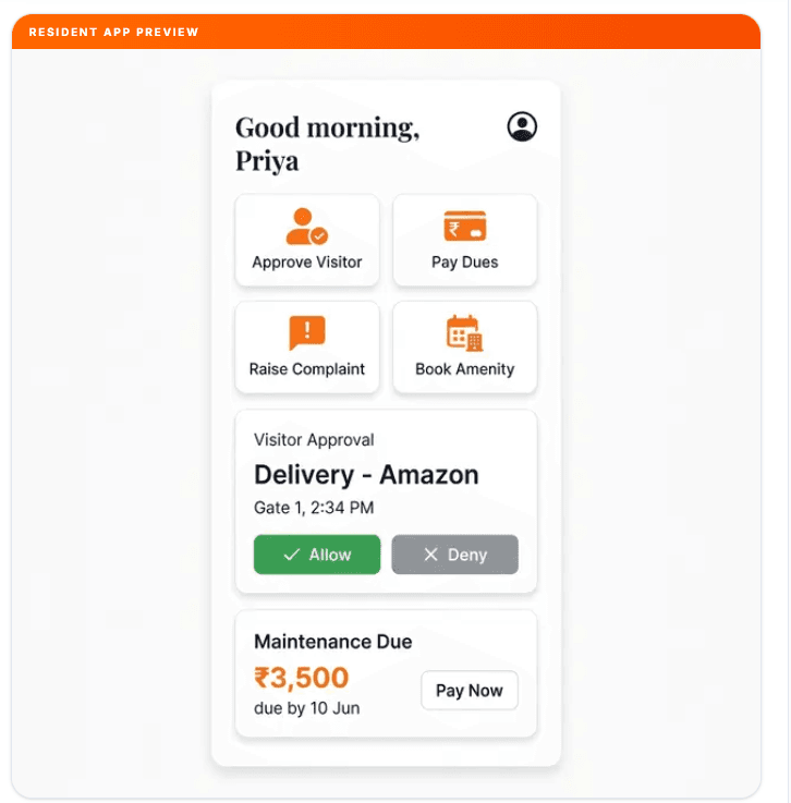 Resident mobile app — visitor approvals, bill payments, quick actions